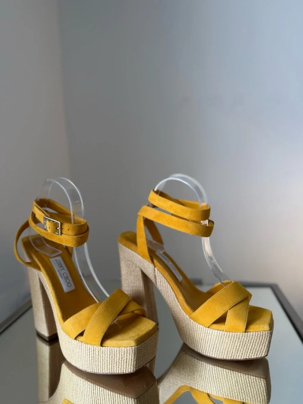 New JIMMY CHOO Gaia 140 Sunflower Suede and Natural Raffia Platform Sandals 39.5